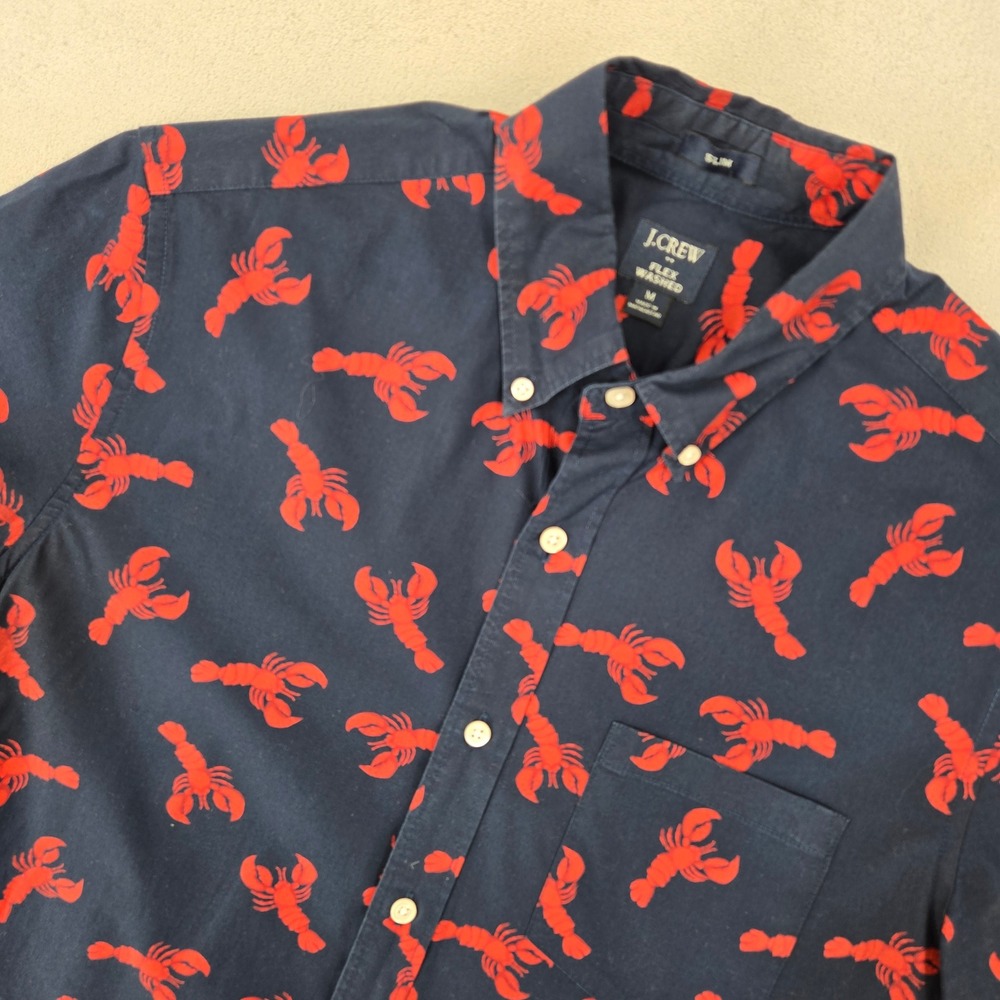 J.Crew Mens MEDIUM Navy Red Lobster Print Slim Flex Washed Short Sleeve Shirt